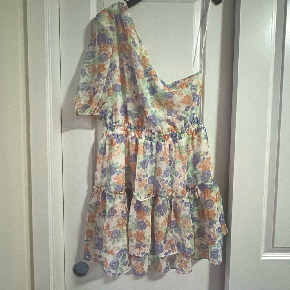 WAYF - One Shoulder Smocked Waist Tiered Mini Dress